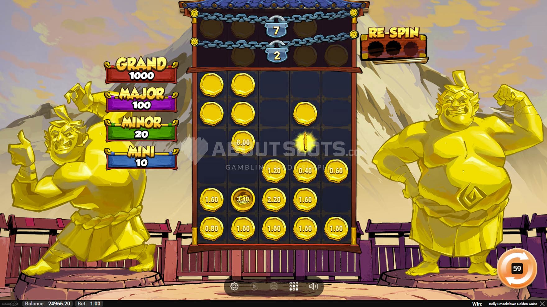 Screenshot of the Hold'n Spin bonus in progress with multiple cash prizes locked on the grid.