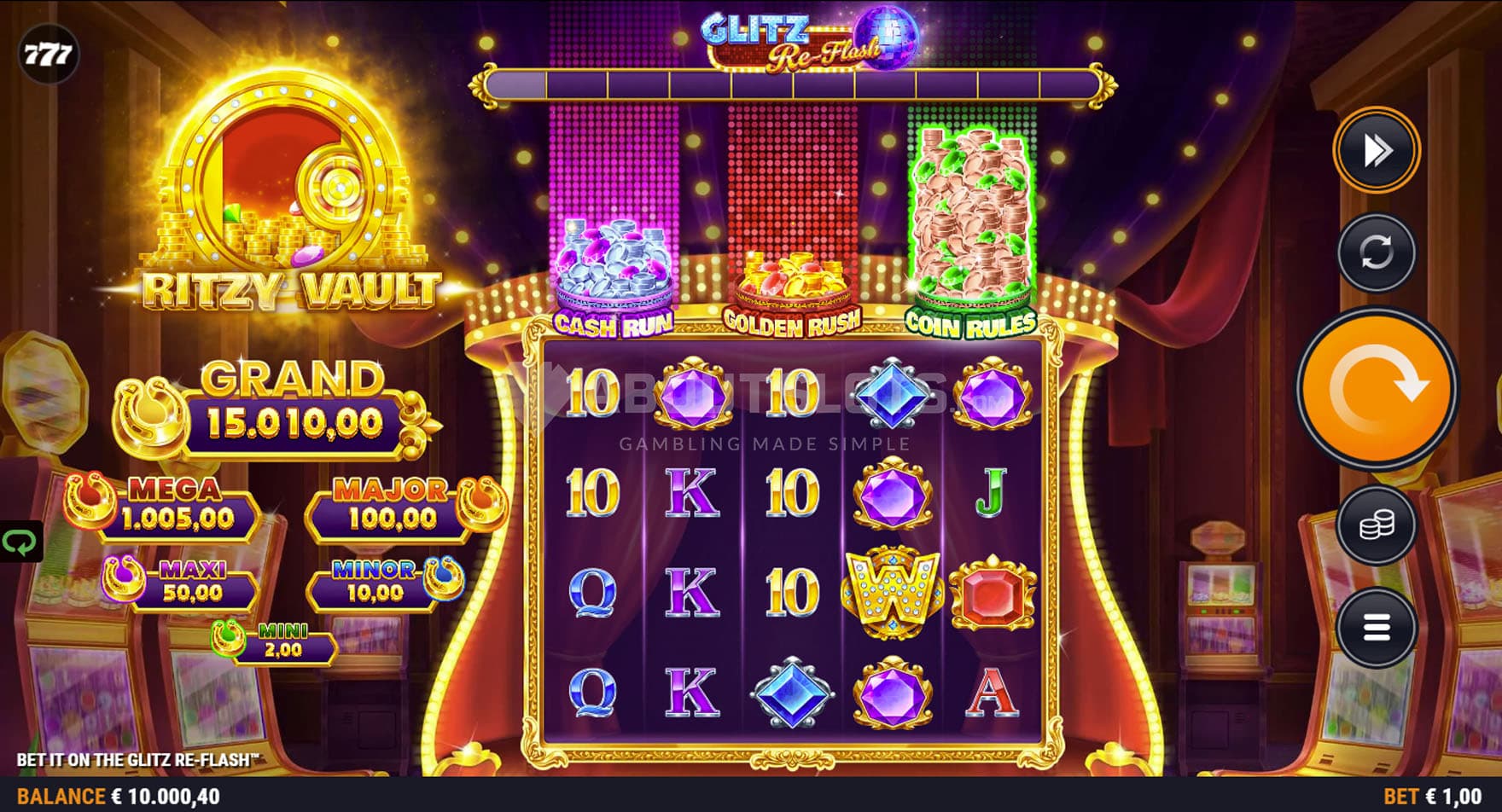 Screenshot of a base game, with the 5x4 grid set against a backdrop of a gambling hall with slot cabinets on the sides.