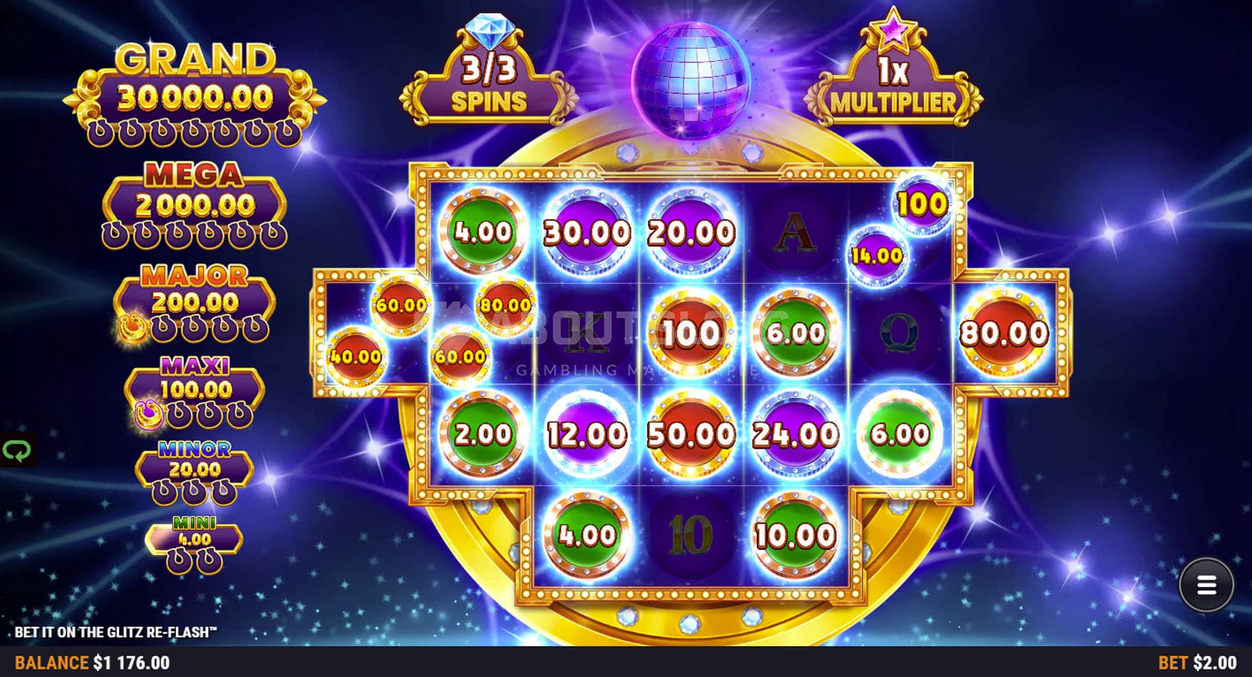 Screenshot of the Ritzy Vault Bonus in progress, with multiple cash symbols locked on the grid.