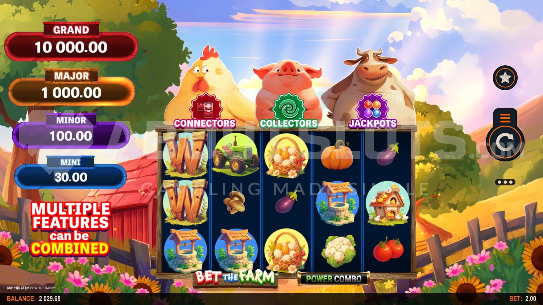 A casino slot on a farm with animals above the reels.