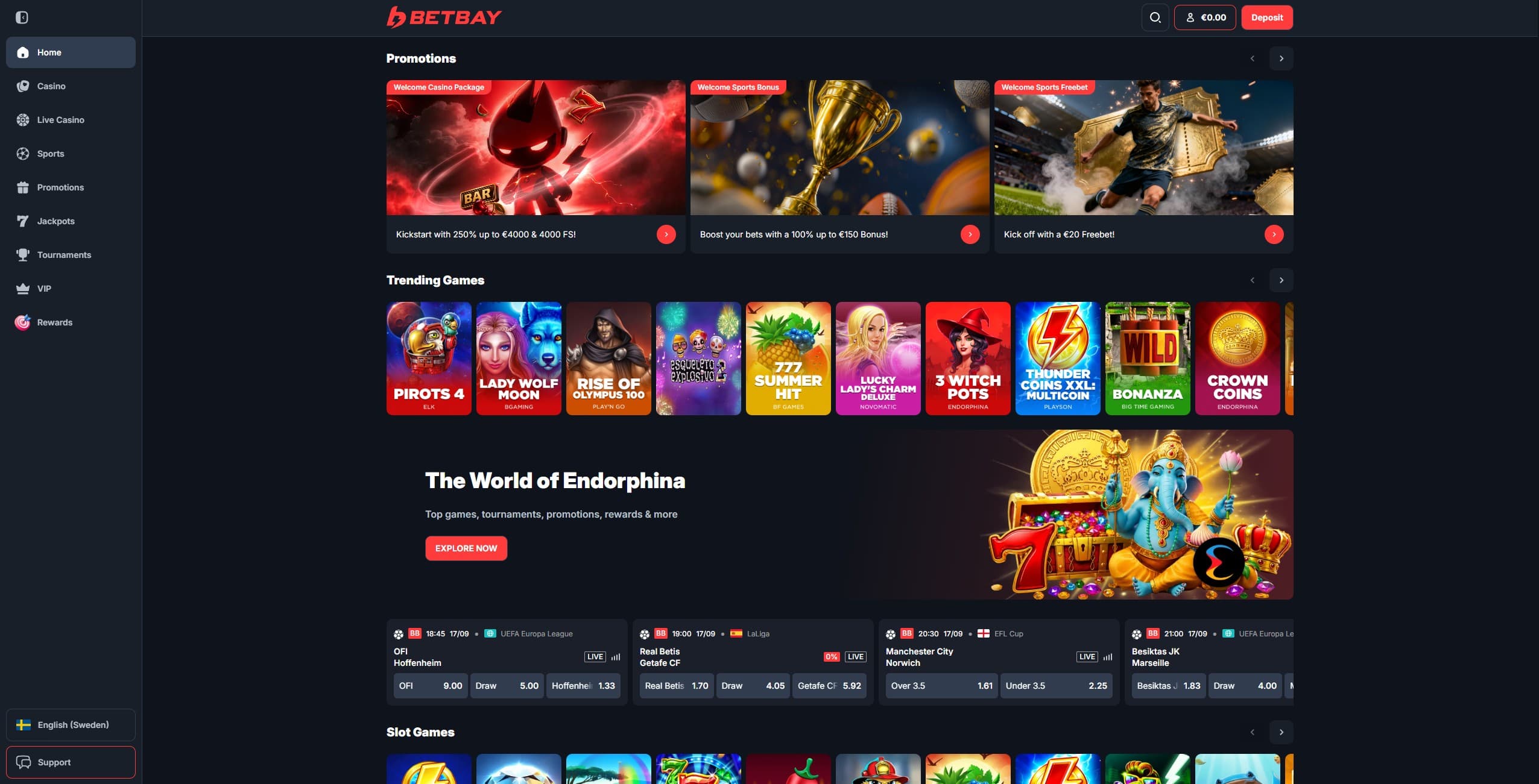BetBay Landing Page showing the welcome offer and a few games