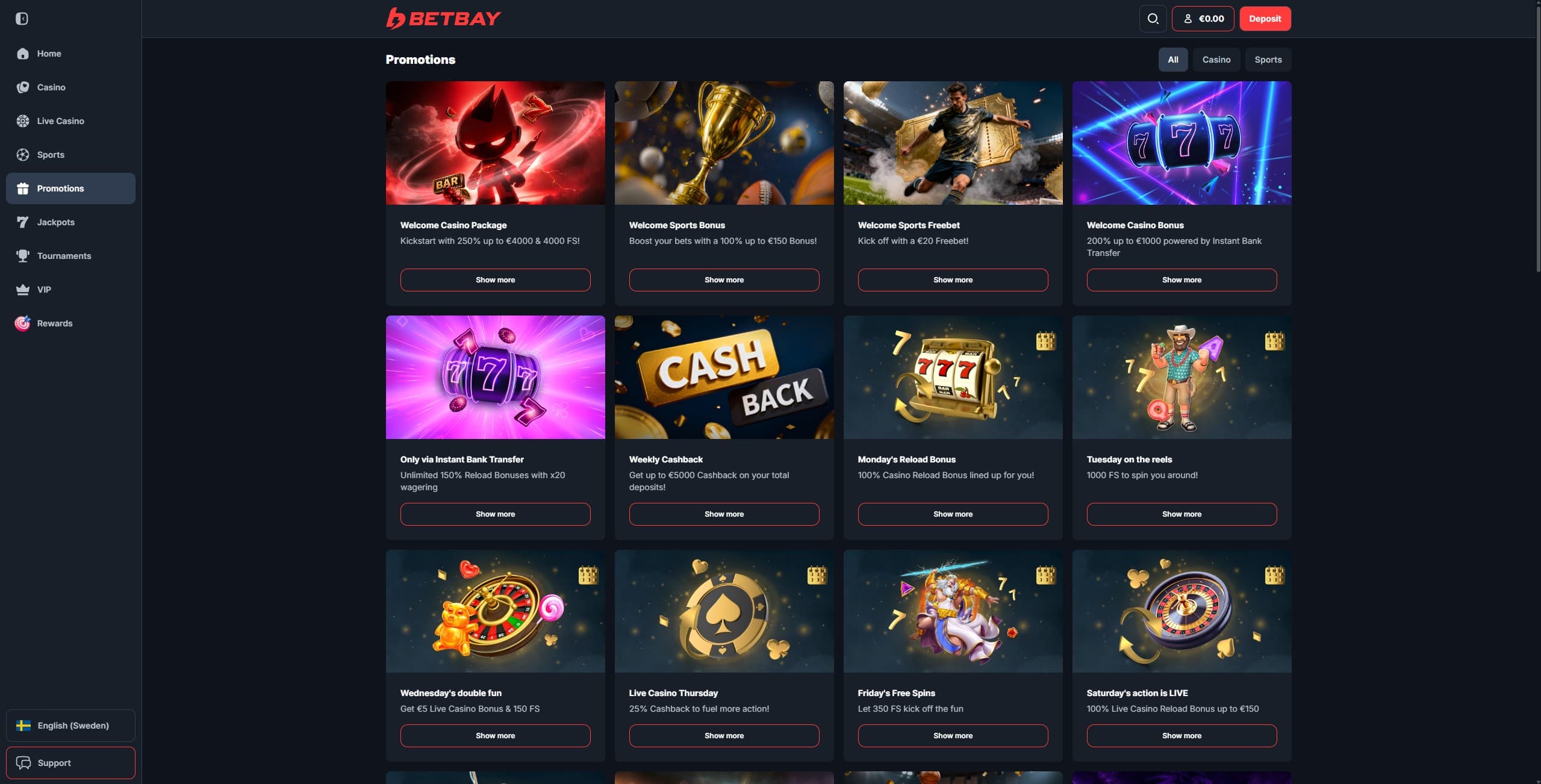 BetBay Promotions Page showing the available bonuses and promotions