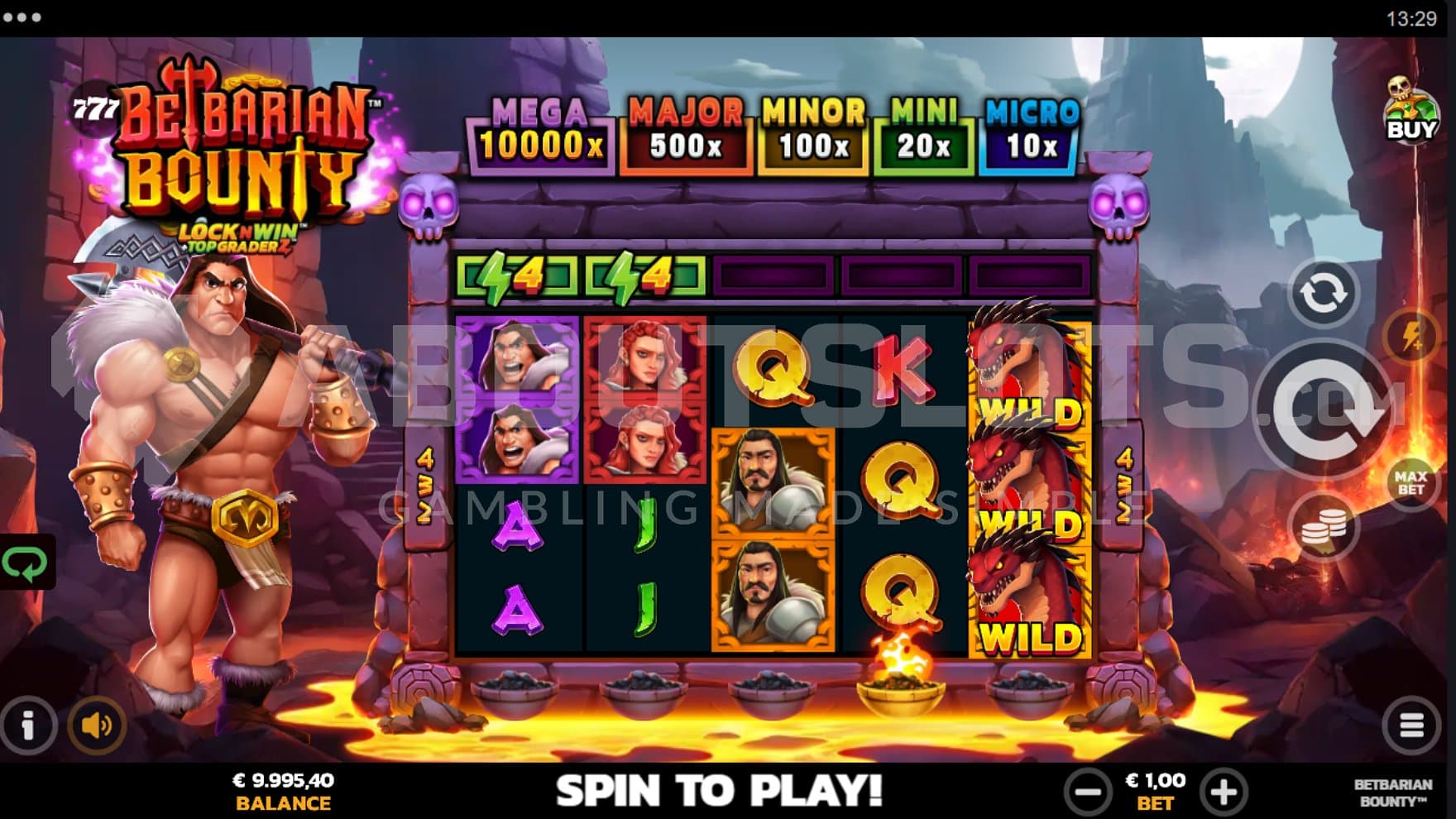 A casino slot with a barbarian next to the reels.