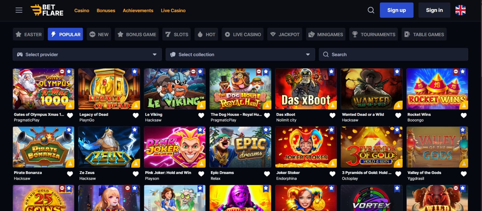 BetFlare Casino games page with popular slot titles under provider and collections search filters
