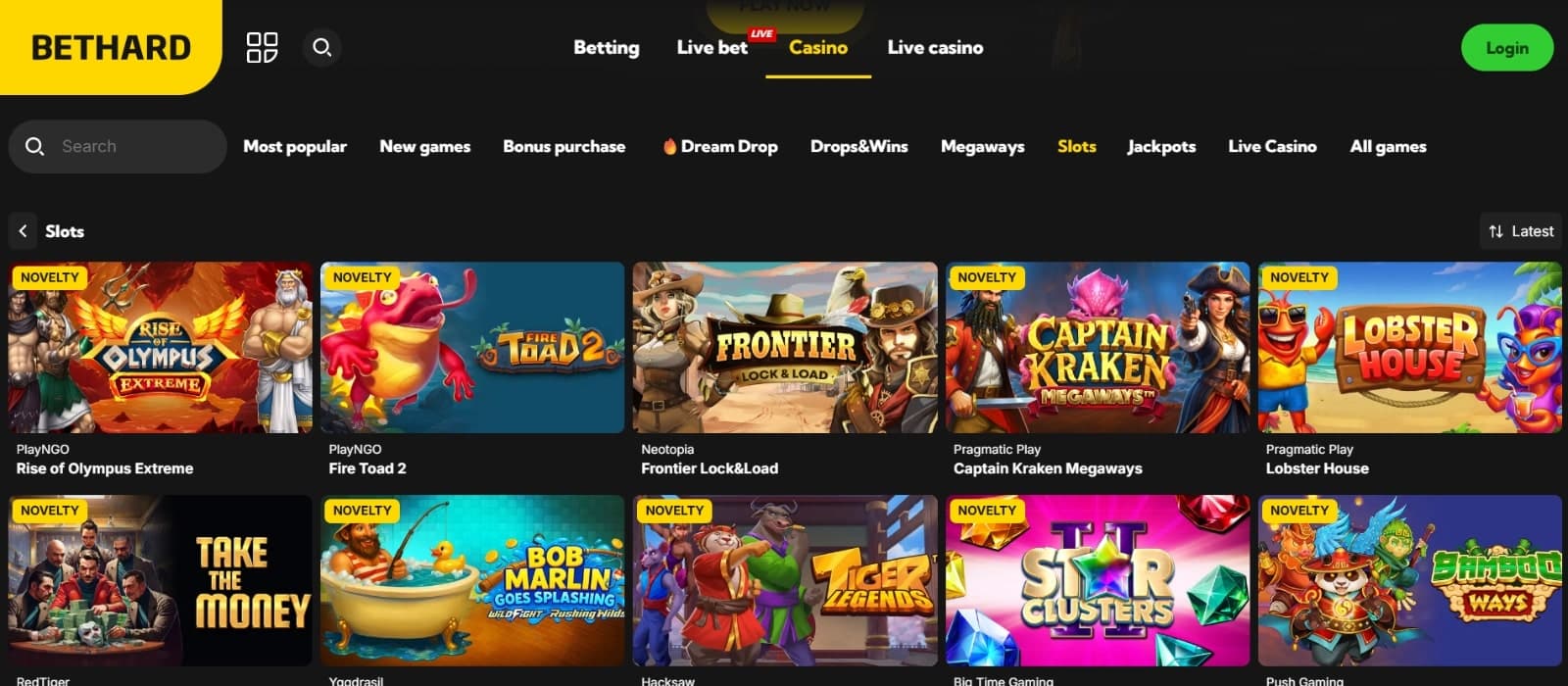 Bethard Casino games page featuring slot titles such as Frontier Lock and Load , Rise of Olympus and many other exciting titles