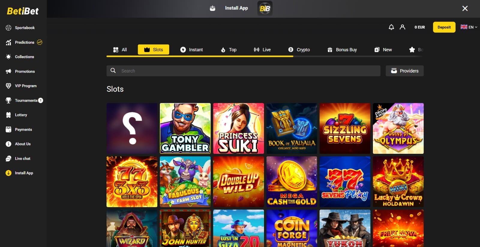 Betibet Casino games page featuring the slot and table game icons under the search filters and category tabs