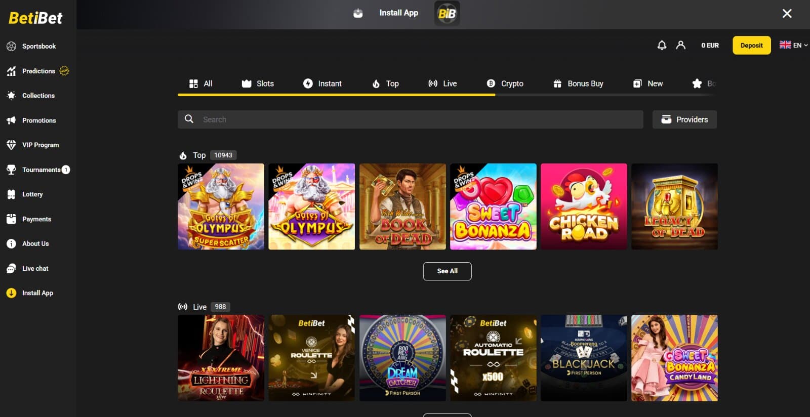 Betibet Casino landing page featuring the top slot and live casino game sections under category tabs, with side navigation menu