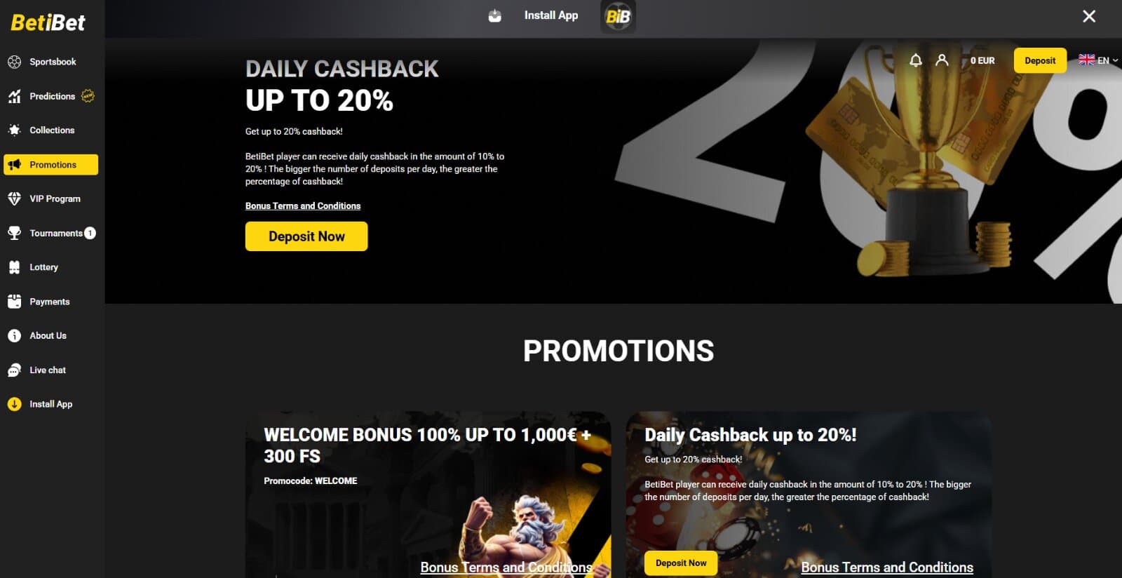 Betibet Casino promotions page featuring the welcome offer of 100% up to 1000 eur and 300 free spins, as well as the daily cashback offer