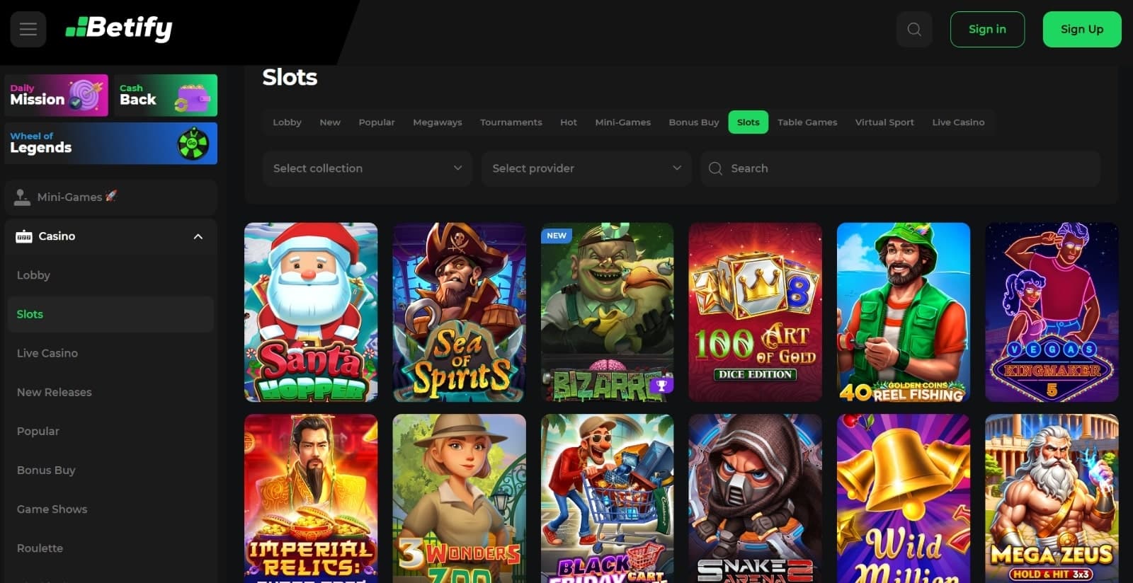 Betify Casino's games page featuring the slots titles under sorting filters and category tabs