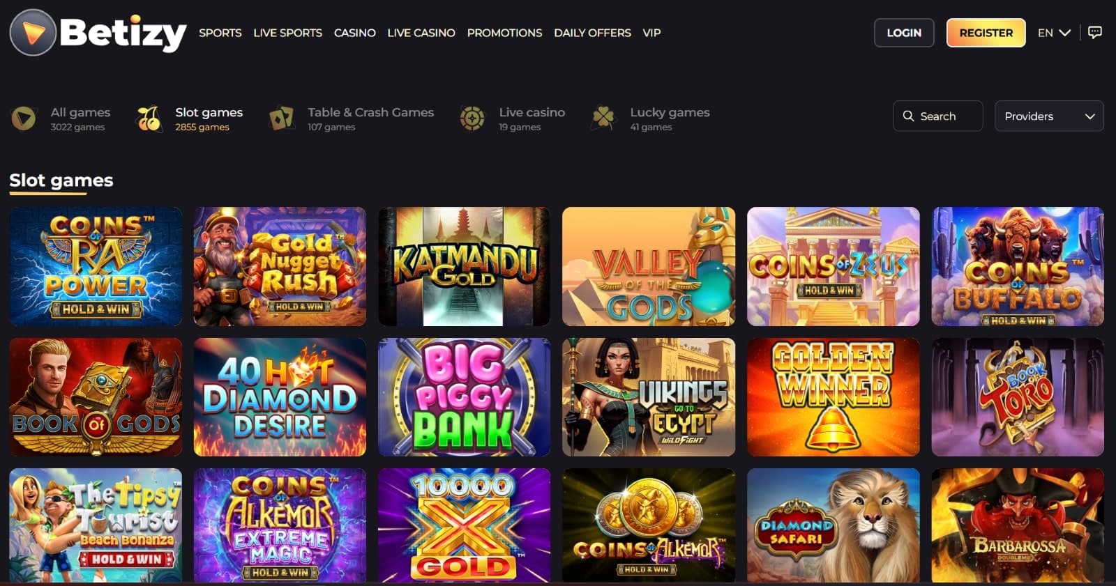 Betizy Casino games page listing all slot games such as Coins of Ra, Valley of Gods and many more