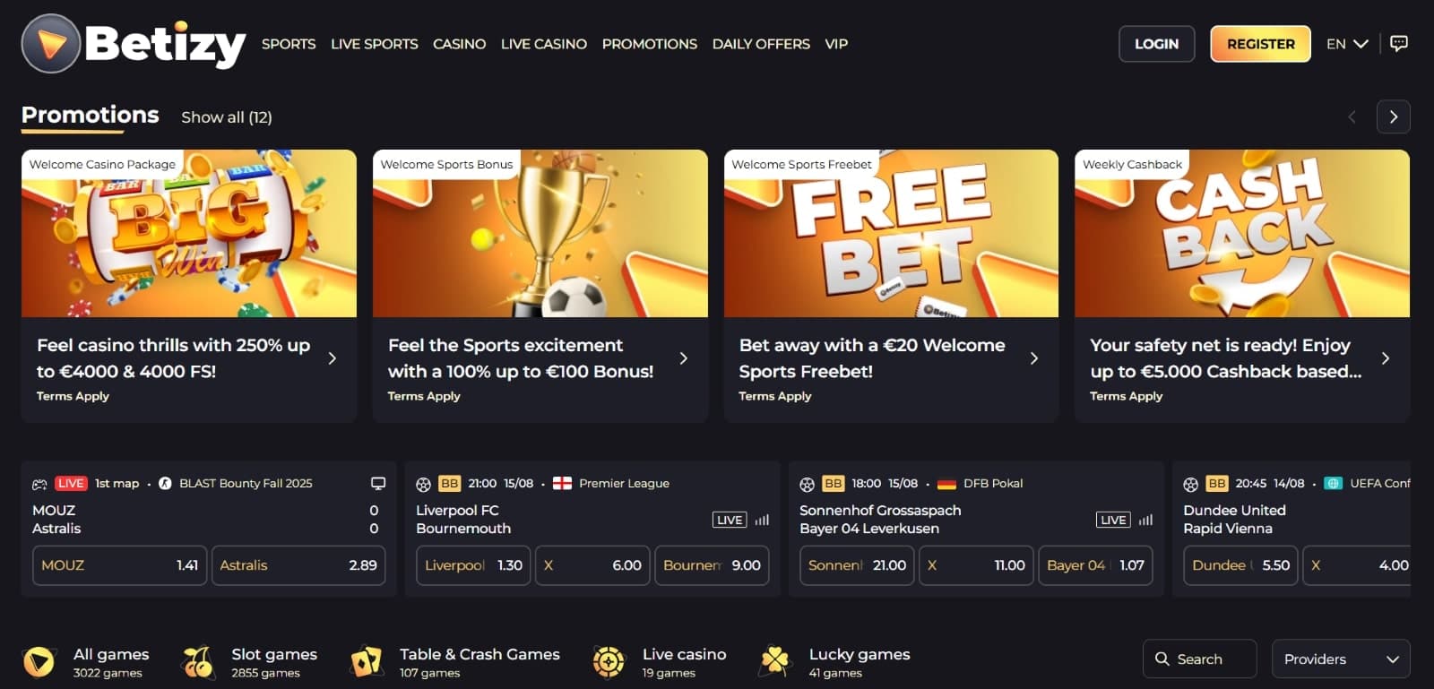 Betizy Casino landing page displaying the bonus carousel, sports and casino categories