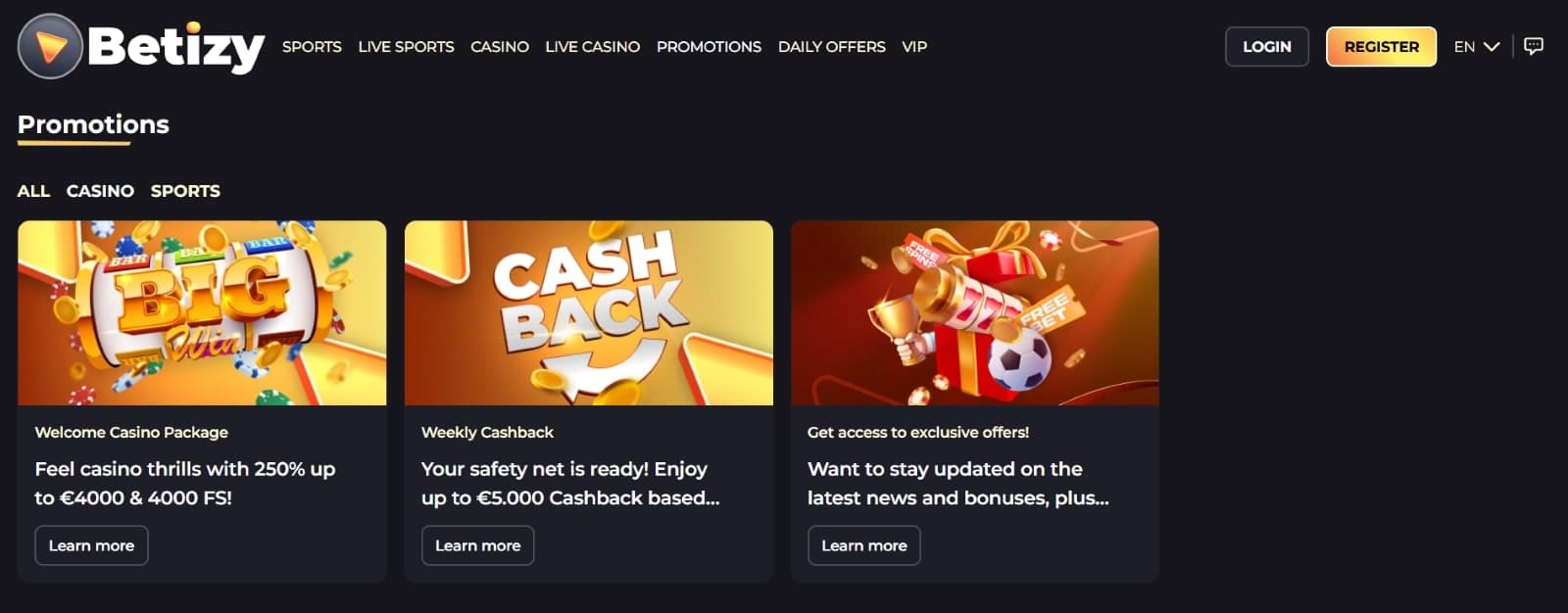 Betizy Casino promotions page listing the 250% welcome bonus, weekly cashback and exclusive offers