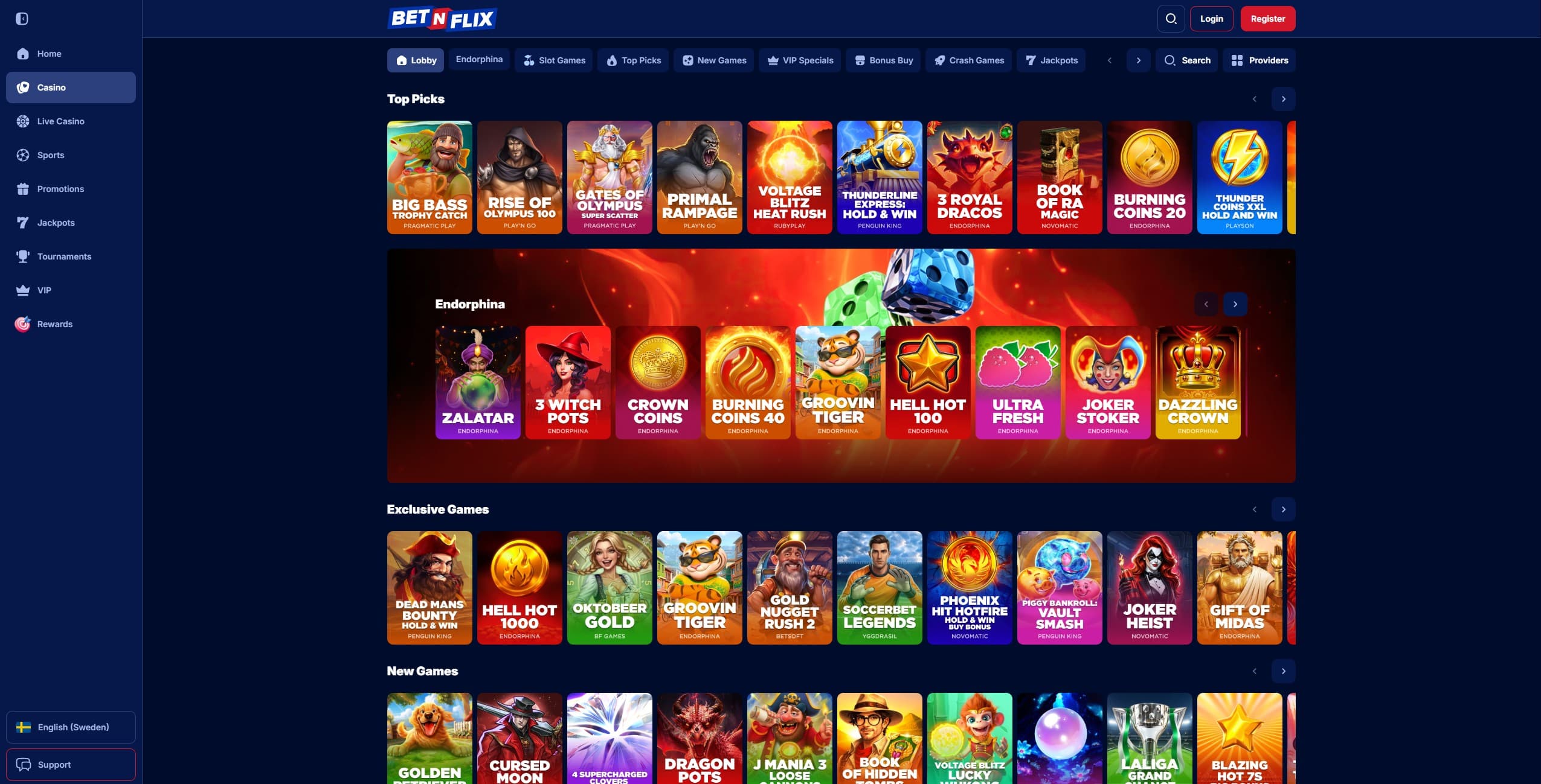 Betnflix Games page showing a selection of different games and game categories