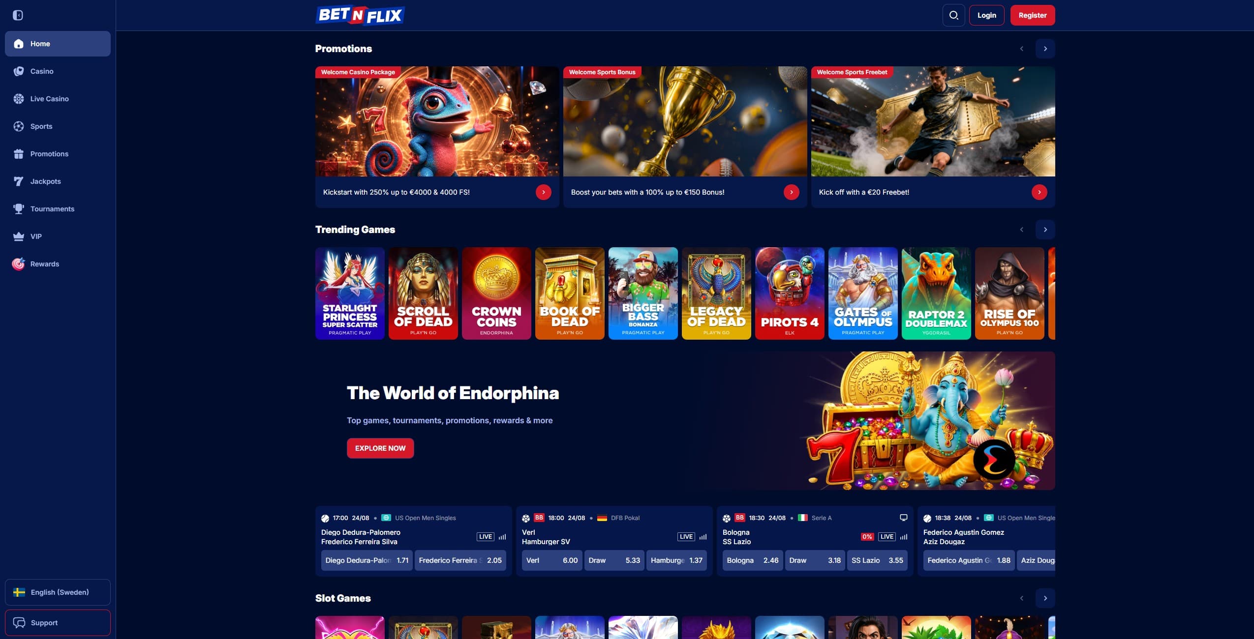 Betnflix Landing Page showing bonus offers, games and the main menu to the left