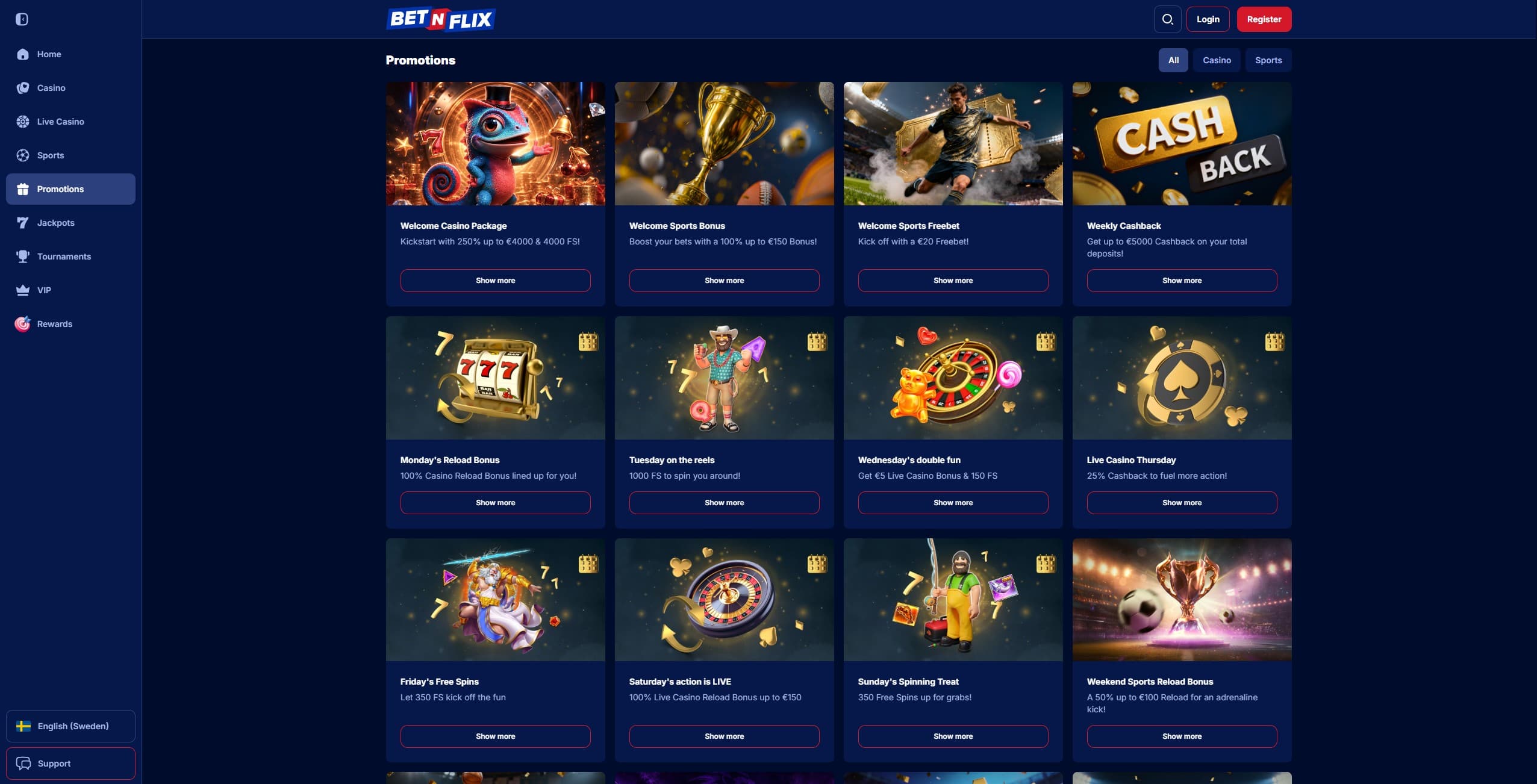 Betnflix Promotions Page showing the available bonuses and promotions on the platform