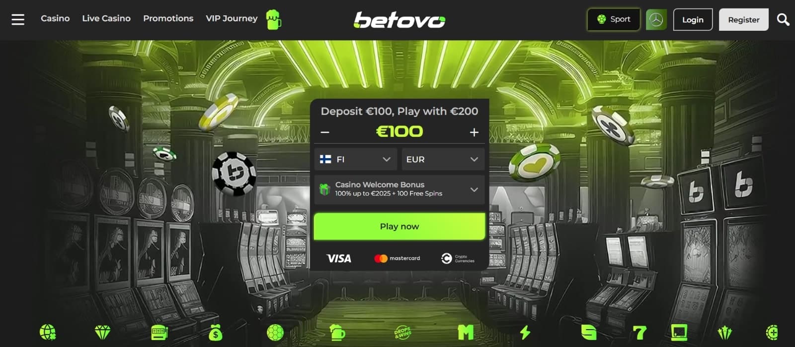 Betovo Casino landing page with green and black banner with login option and welcome bonus underneath