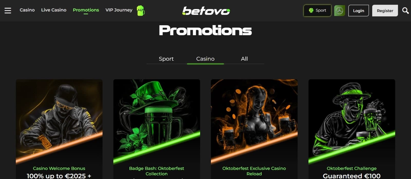 Betovo Casino promotions page with casino welcome bonus and daily and monthly tournaments