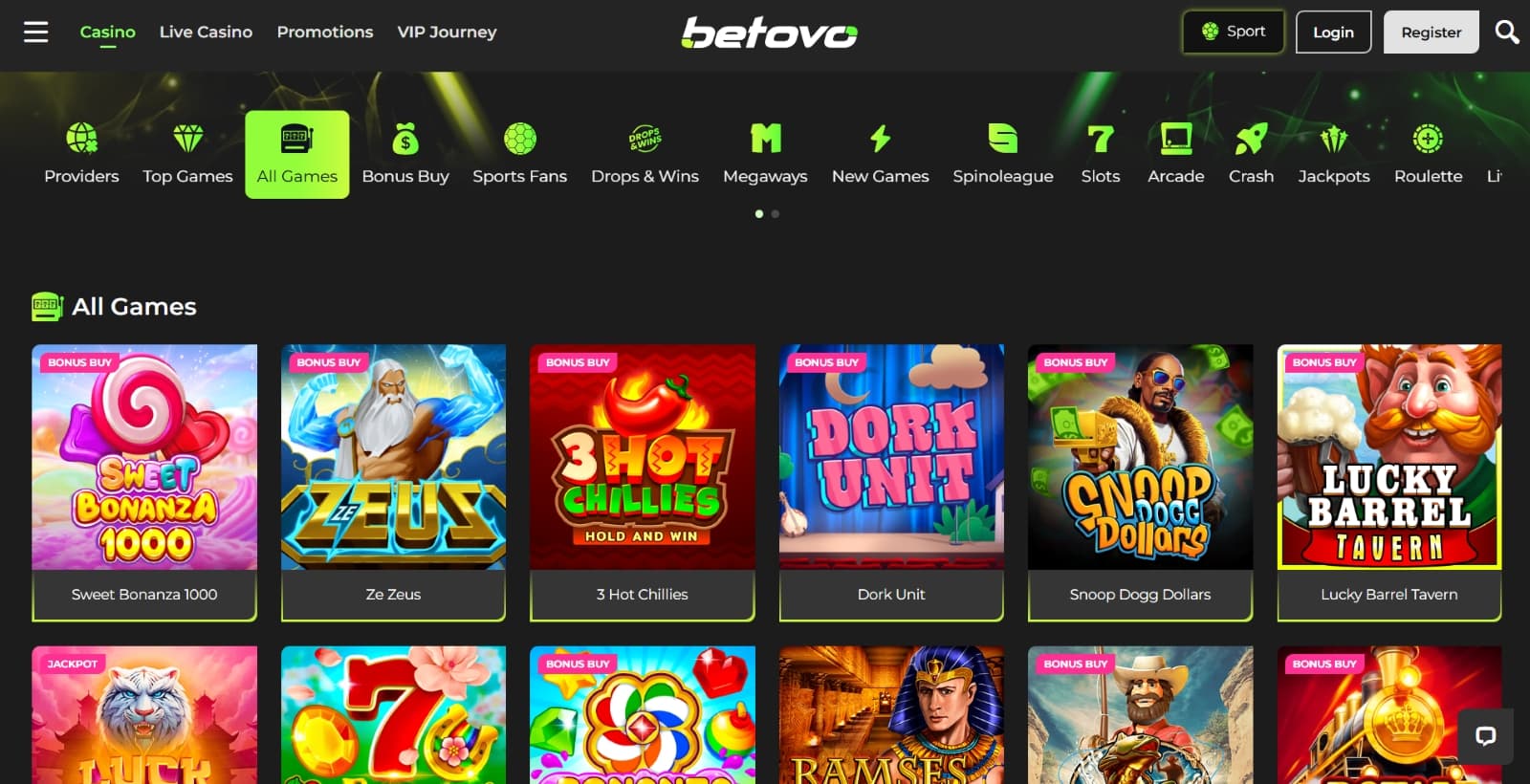 Betovo Casino games page with slot games under green category tabs