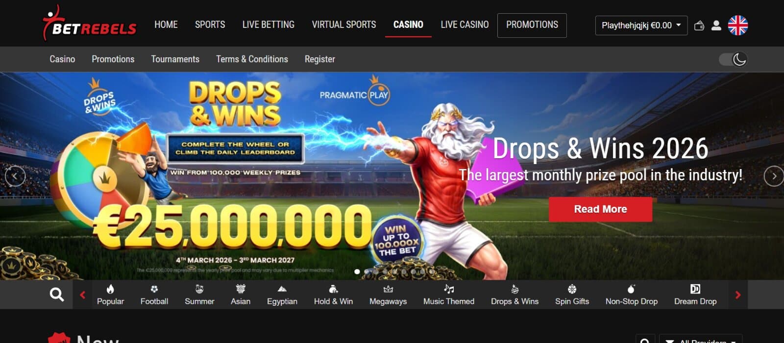 BetRebels Casino games page featuring the Drops & Wins promotional banner under which there are the main game tabs and new featured slot section