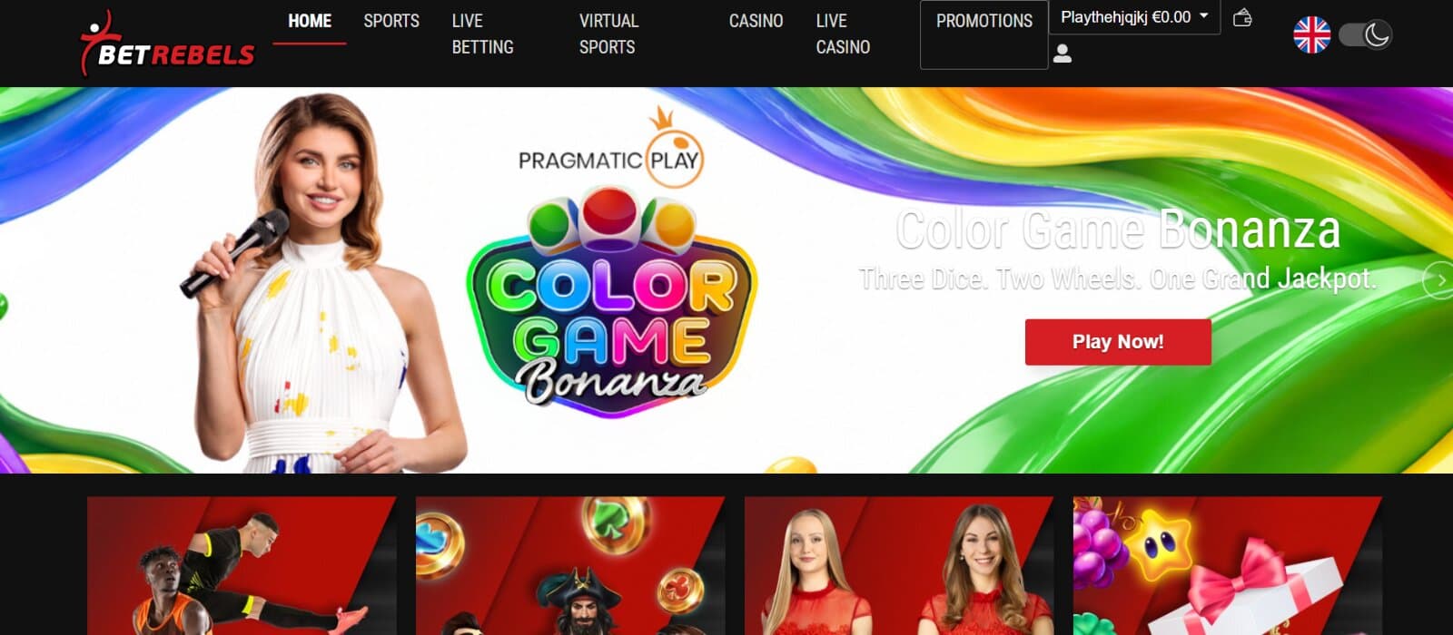 BetRebels Casino landing page featuring the Color Game Bonanza banner and image sections for Casino, Live casino , Sports and Bonus lobbies