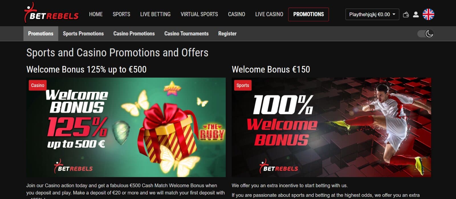 BetRebels Casino promotions page featuring the welcome bonus package of 125% up to 500 eur and sports welcome bonus