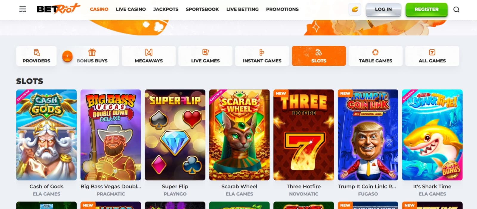 BetRiot Casino games page with cash of Gods and Big Bass Bonanza slots