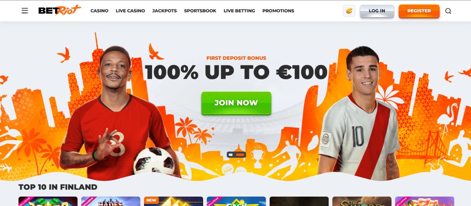 BetRiot casino landing page with promotional banner featuring footballers in orange