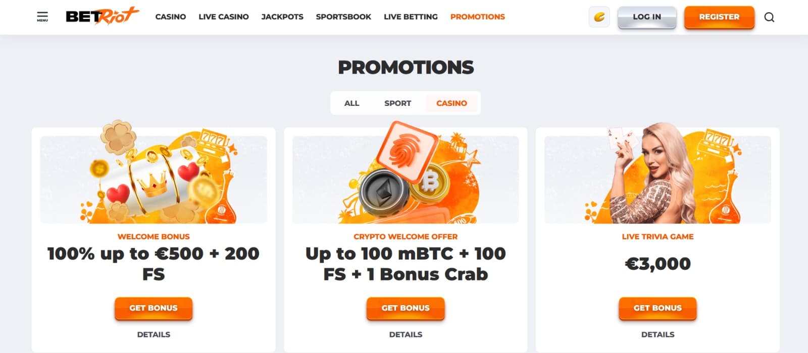 BetRiot casino promotions page with casino 100% welcome bonus and crypto welcome bonus