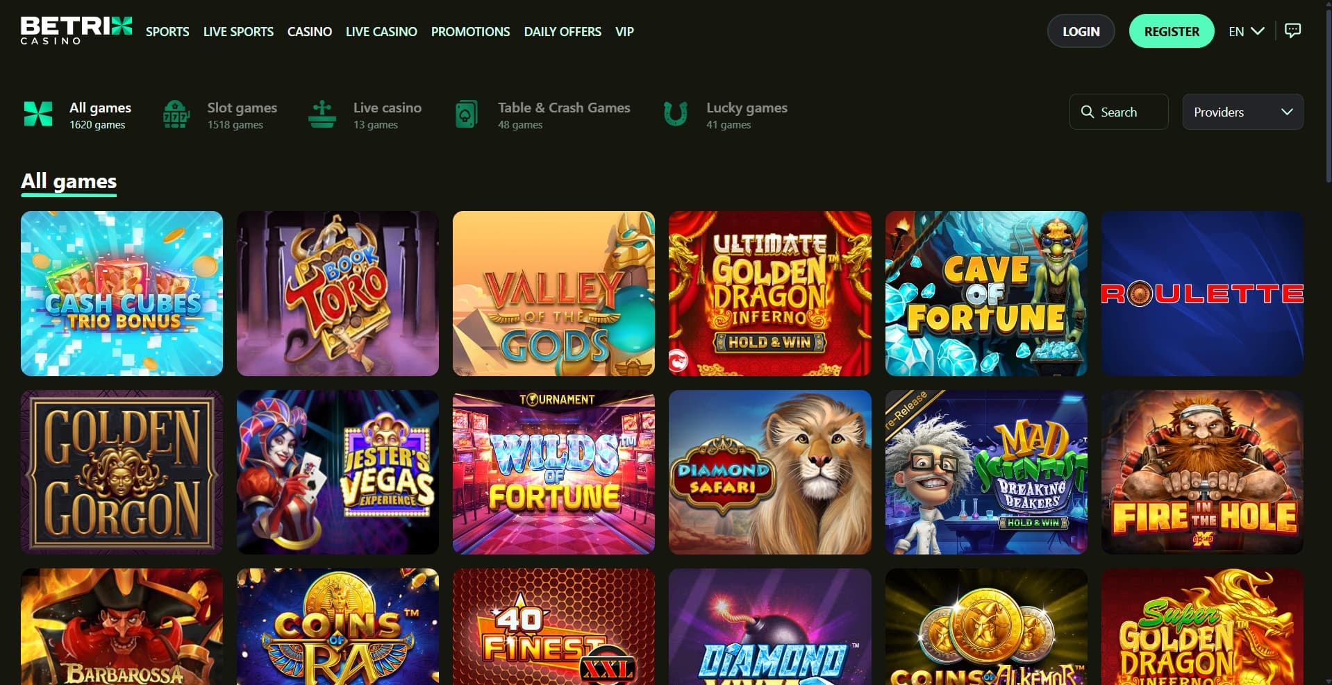 Betrix Casino games page with Valley of the Gods, Coins of Zeus and Golden Gorgon Slots
