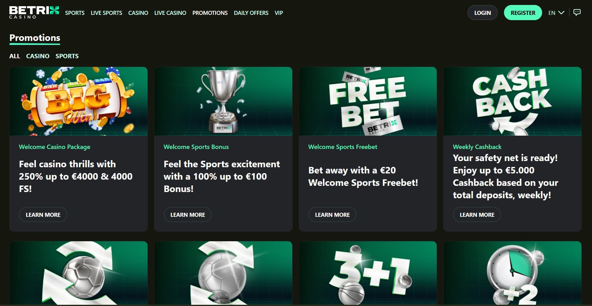 Betrix Casino promotions page with sports and casino bonuses on green and black tiles