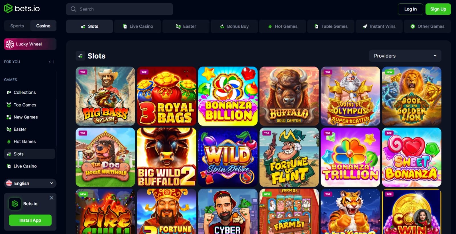 Bets.io Casino's game page with slot titles and their respective icons under game category tabs and side menu pages