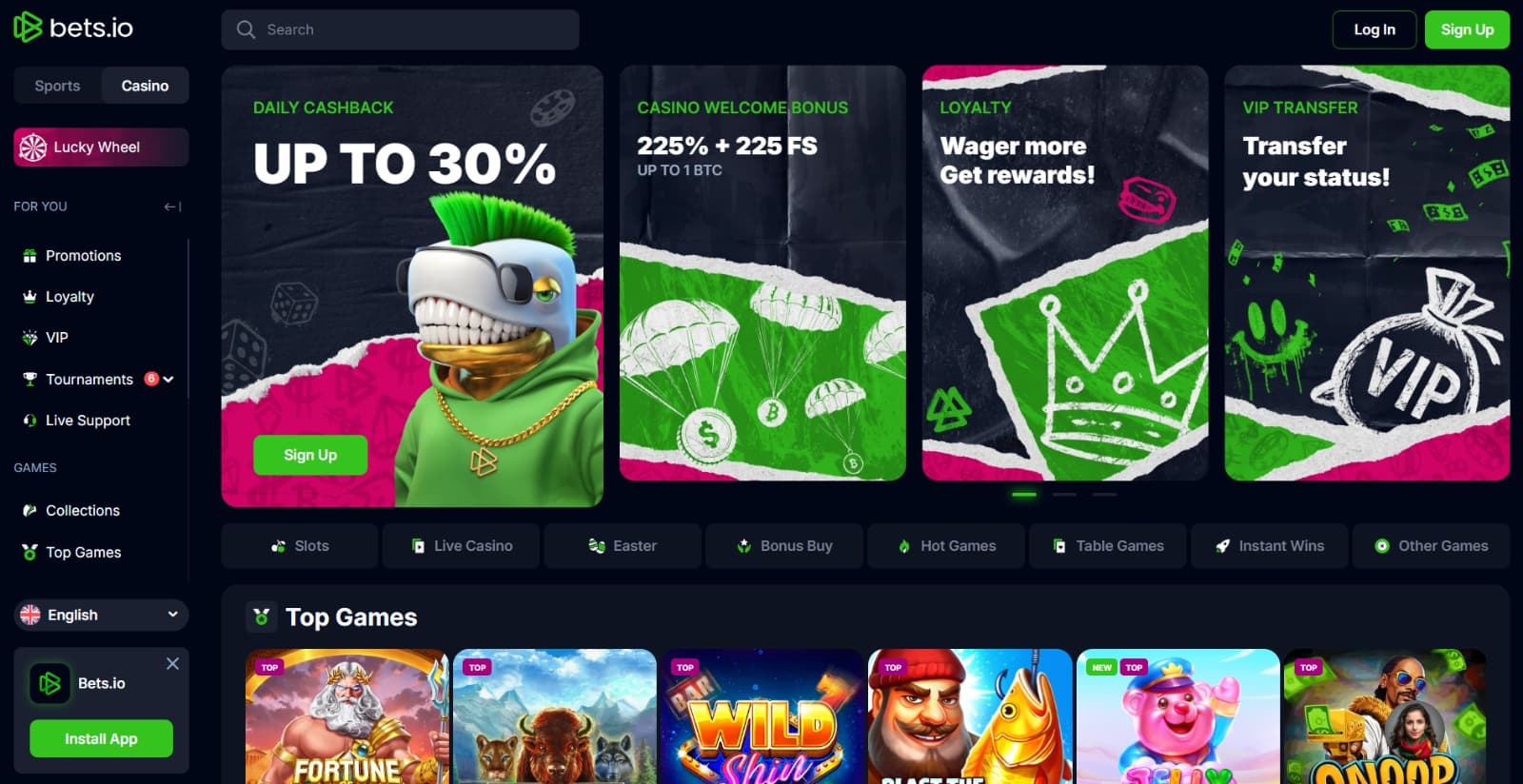 Bets.io Casino's landing page with promo banners featuring a green dinosaur above the top game icons