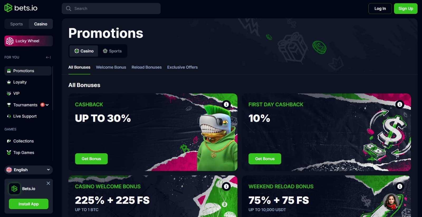 Bets.io Casino's promotions page featuring the loyalty cashback, daily cashback, welcome bonus, and reload offer with green and pink banners