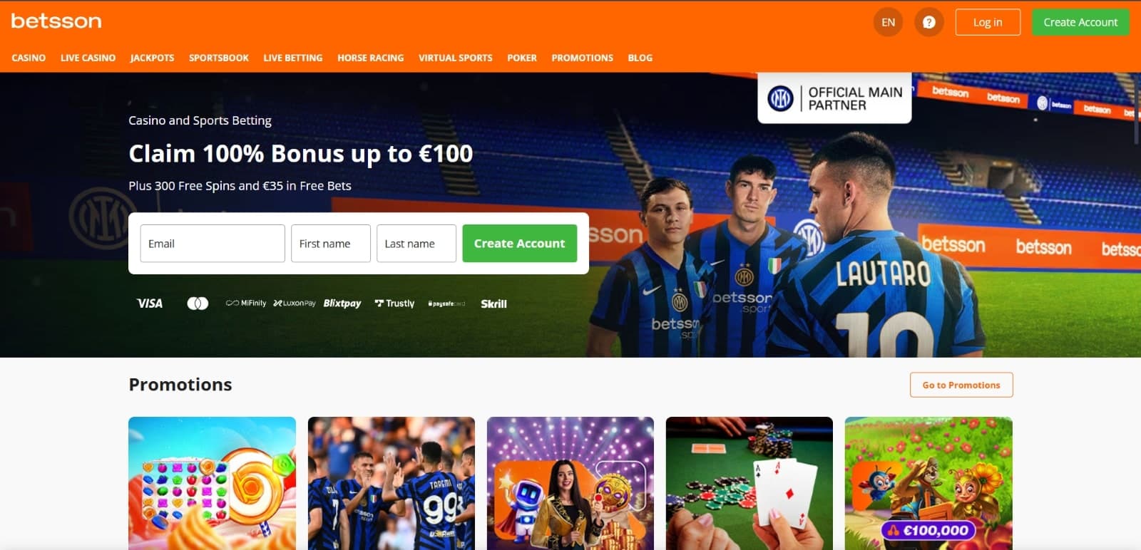Betsson Casino landing page with 100% sports bonus with soccer players image