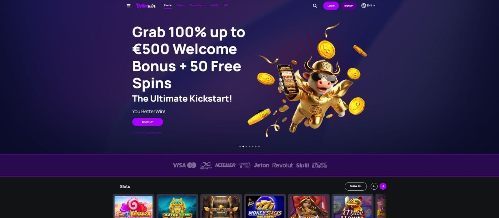 BetterWin Casino landing page showing the welcome bonus offer, the top menu and a banner with some payment methods.