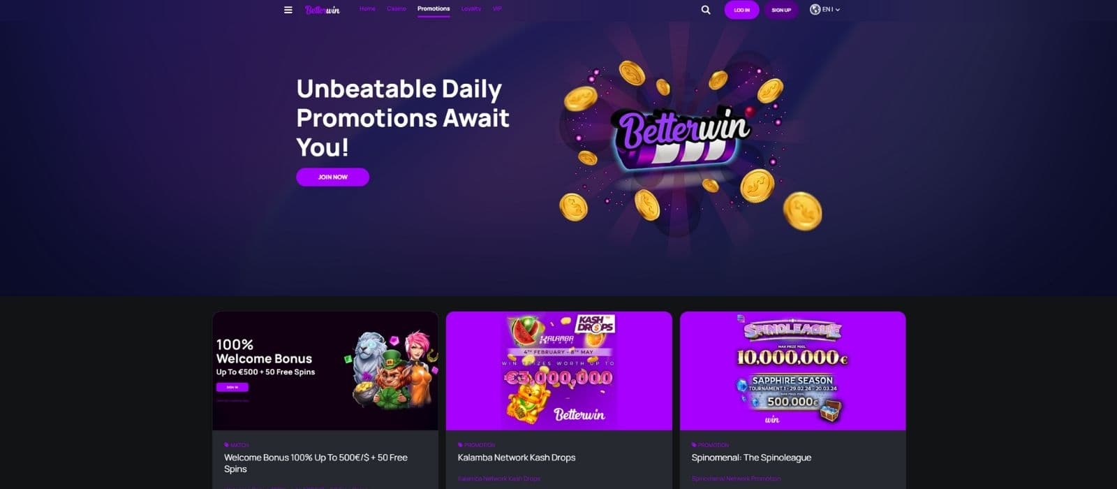 BetterWin Casino promotions page displays the current casino welcome bonus and other promotions.