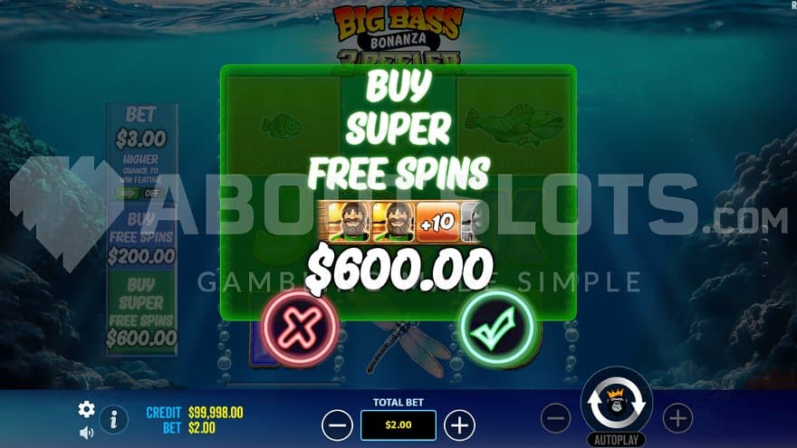 A menu offering the Super Free Spins for 300X the bet.