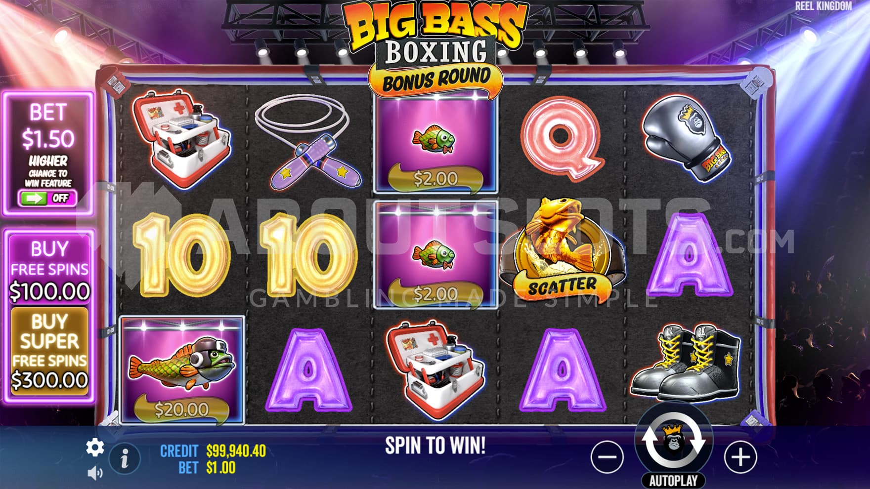 Base Game view of a 5x3 grid set on a boxing ring, surrounded by cheering crowd.