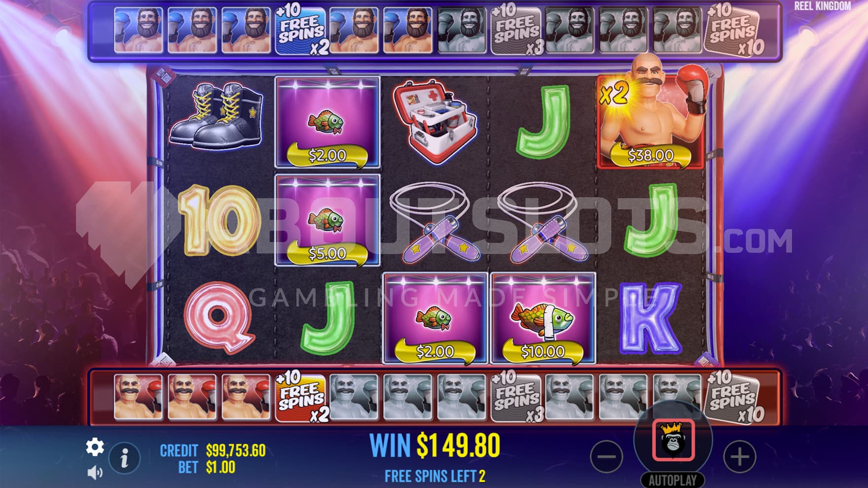 Free Spins bonus in progress, showing 4 MOney Symbols being collected on the grid by the red Wild.