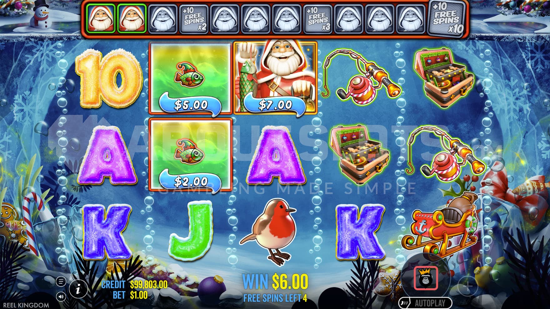Free Spins bonus in progress, showing a Fisherman Wild collecting prizes from 2 fish symbols.