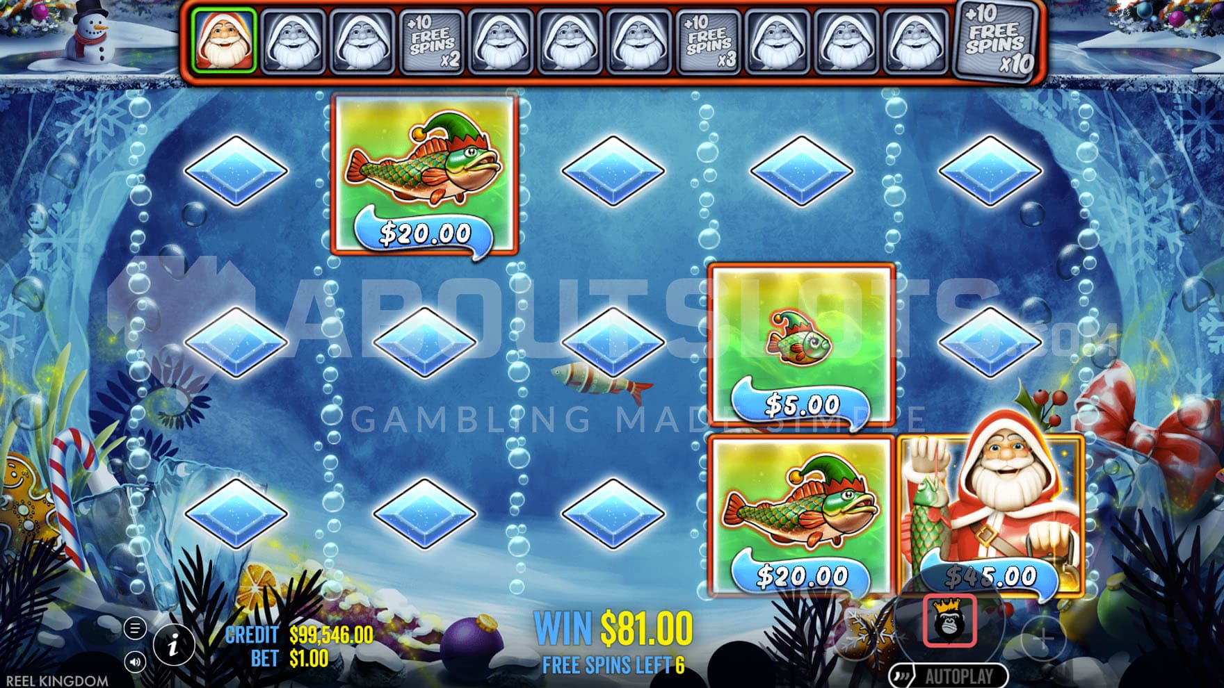 Frozen Lake Free Spins in progress, showing a Fisherman Wild collecting prizes from 3 fish symbols.
