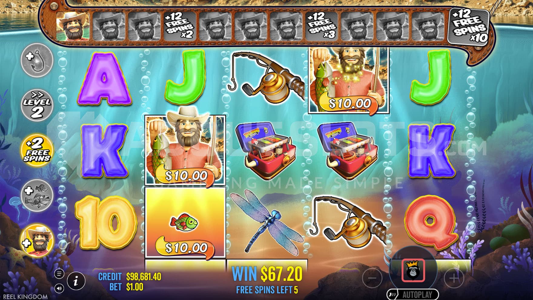 Free Spins bonus in progress, showing 2 Fisherman Wilds collecting a cash prize from the Money Symbol.