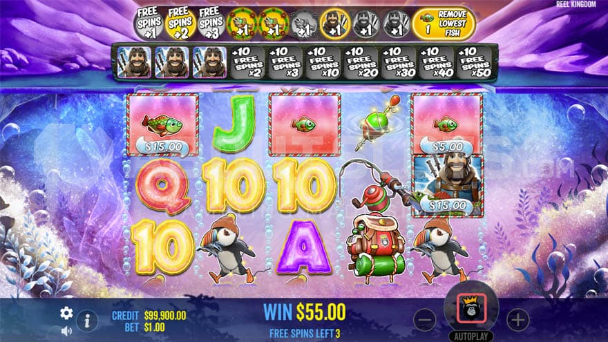 Free Spins bonus game with a fisherman symbol on the last reel.