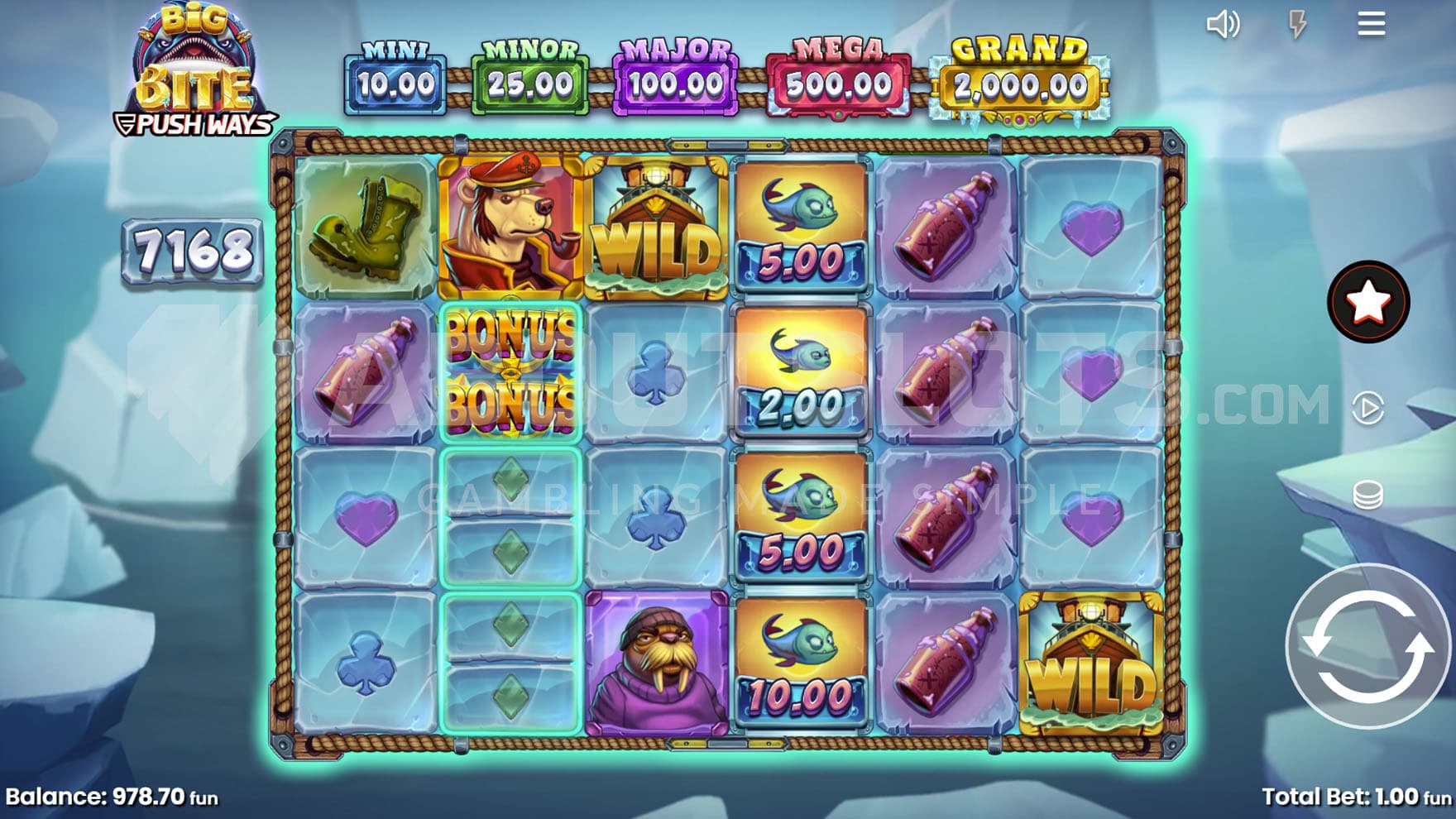 Base Game view of a 6x4 grid on a frozen landscape, with various regular and special symbols on the reels.
