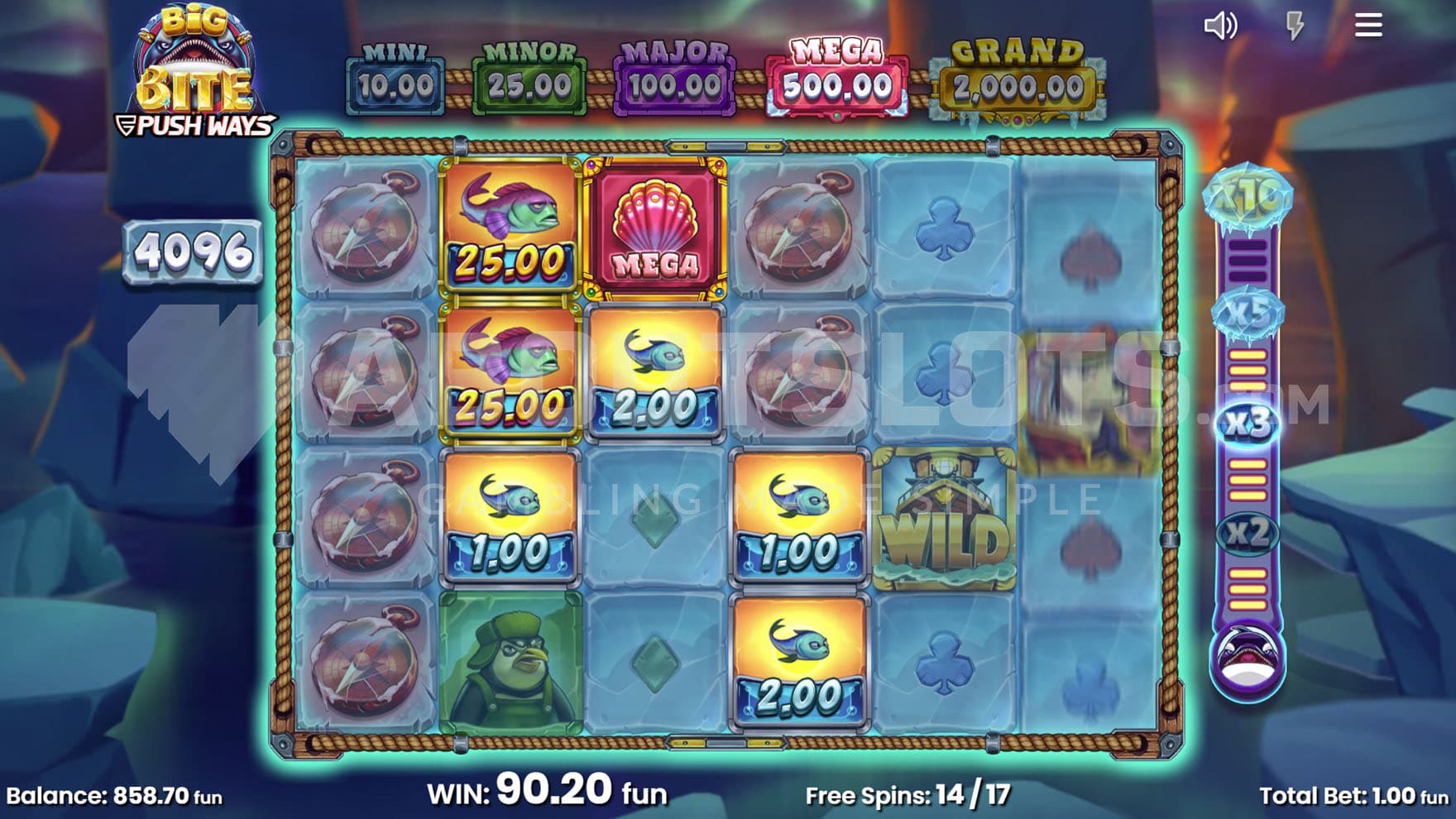 Free Spins bonus in progress, with an x3 multiplier achieved on the progressive trail and multiple cash symbols along with the Mega jackpot symbol on the grid.