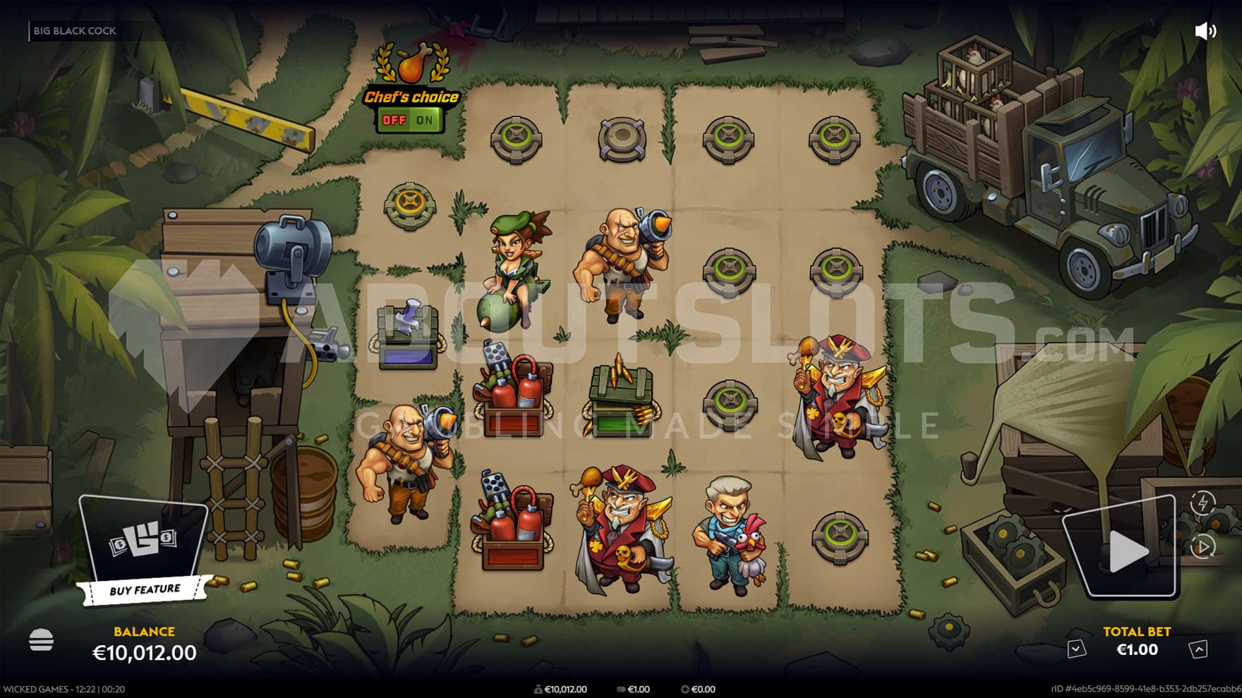 Base Game screenshot from the Big Black Cock slot, showing a cartoony scene of a military camp in a jungle.