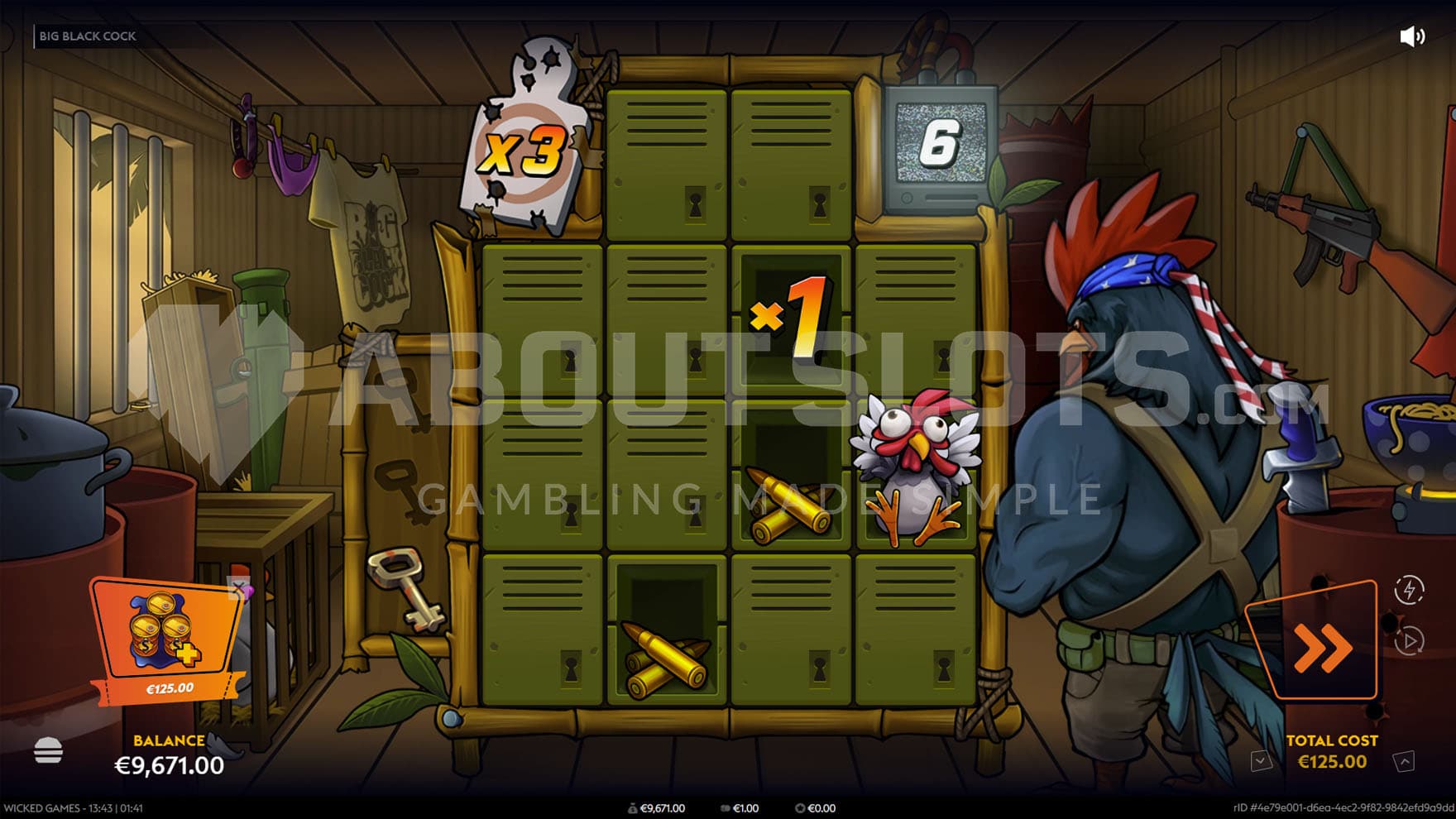 Screenshot from Forced Entry Pre-Round of the Big Black Cock slot, showing a hideout with a locker cabinet acting as the grid.