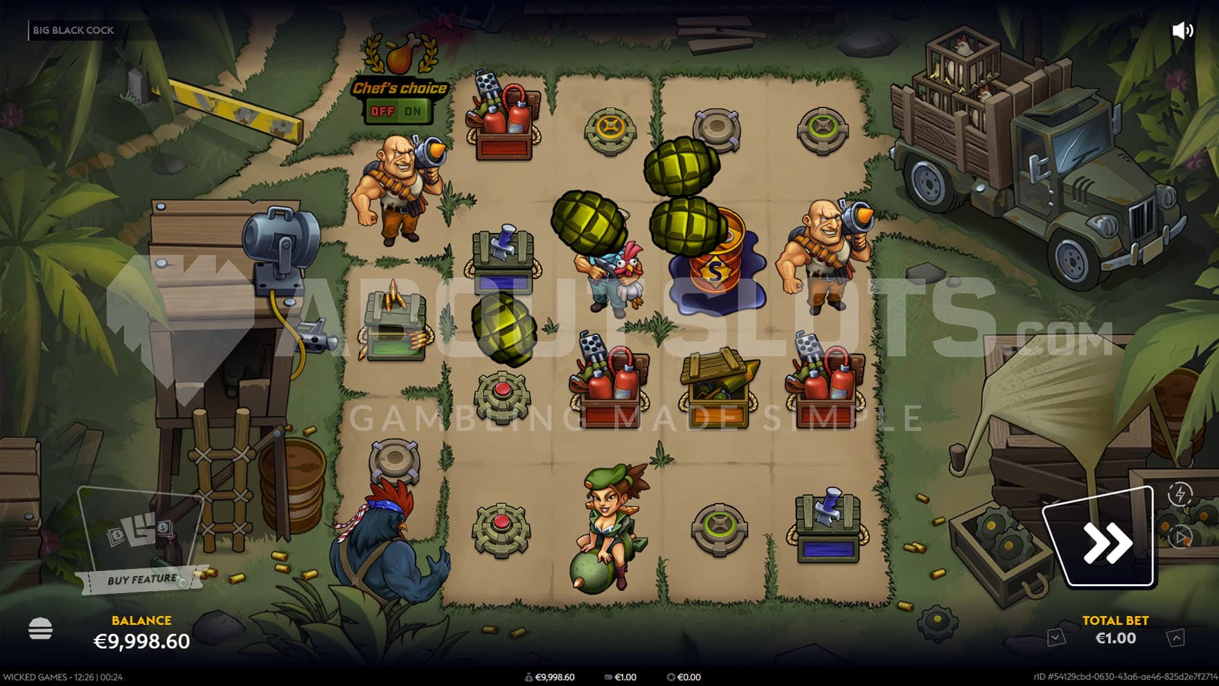 Screenshot of the Frontal Assault feature triggered in the base game of the Big Black Cock slot, placing Random Wilds on the grid.