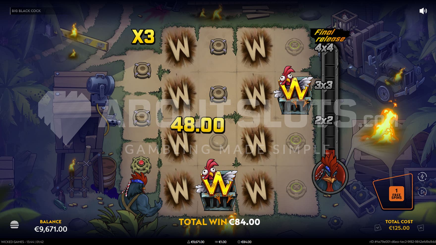 Screenshot from Operation "Deep Insertion" bonus round in the Big Black Cock slot, showing reels 2 and 4 fully occupied by Wild symbols.
