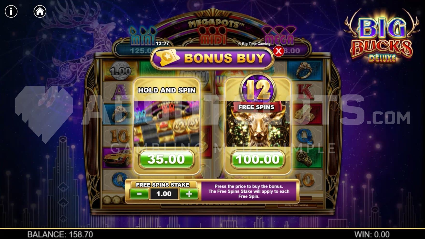A screen offering the Hold and Spin feature for 35x the bet and the Free Spins for 100x the bet.